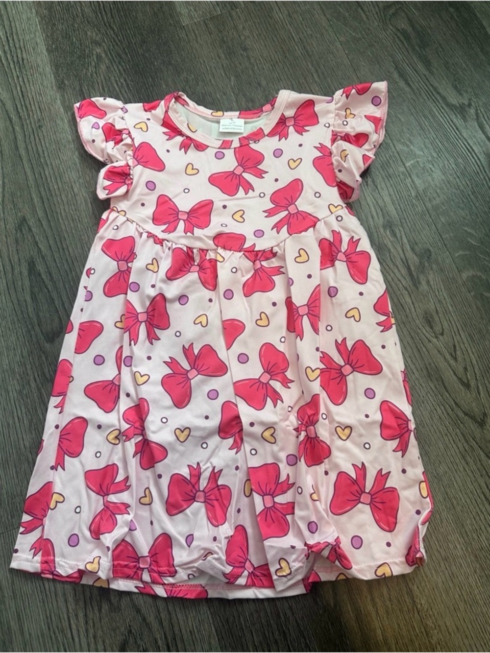 Pink Bow Print Flutter Sleeve Dress